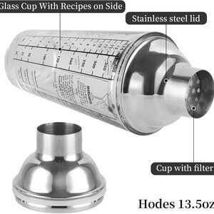 Silver Cocktail Shaker with Glass Recipe Cup